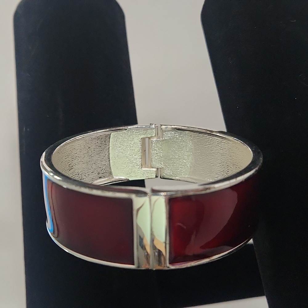Silver & Deep Red Merlot Enamel Hinge Bangle Bracelet – Modern Statement Cuff - Picture 8 of 8